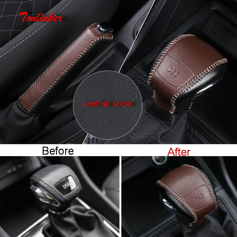 

Tonlinker Cover Stickers for SKODA KAROQ 2018 Car Styling 1 PCS Leather Gear Shift Collars/Handbrake Grips Cover Stickers