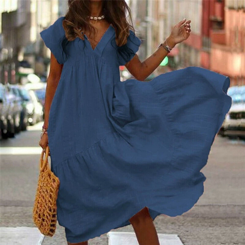 New Women's Boho Pure Color Dress V-neck Long Maxi Ladies Short Sleeve Loose Holiday Beeach Party Wear Summer 2019 | Женская одежда