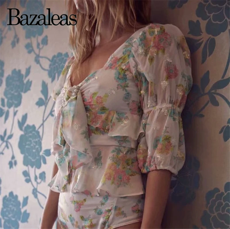 Женская блузка с аппликацией в виде сердца Bazaleas винтажный топ оборками Прямая