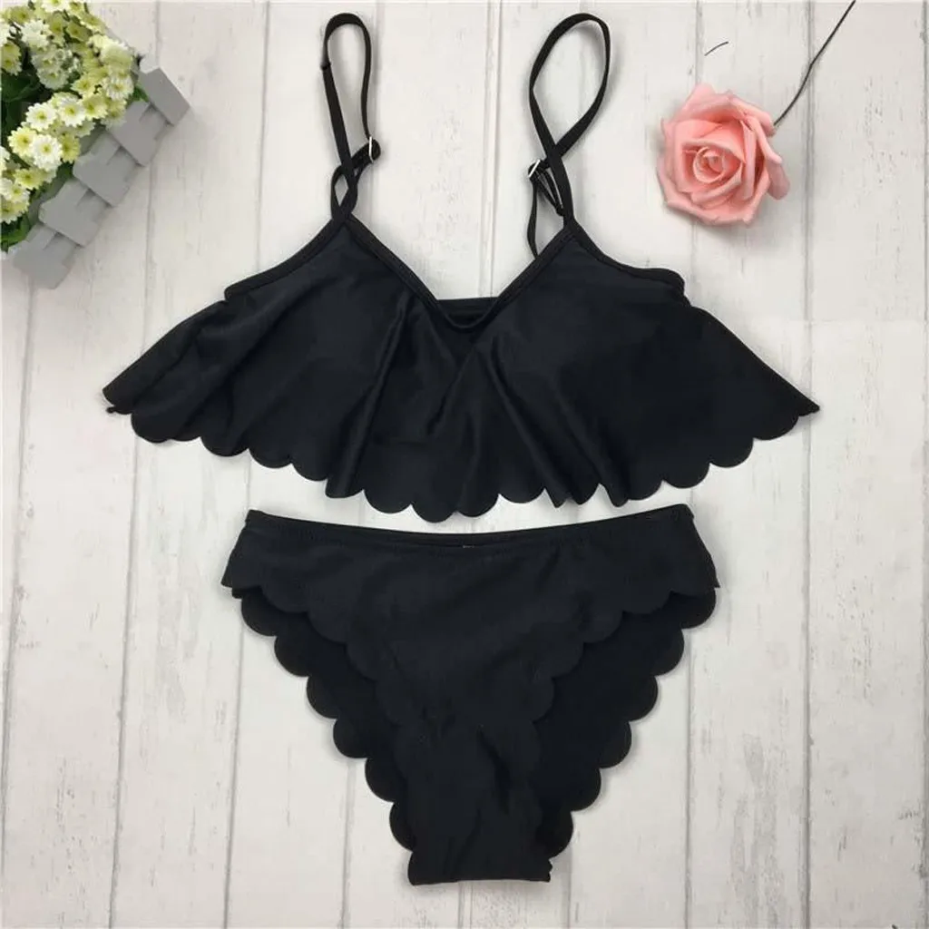 Женское бикини с оборками SAGACE однотонное черное на бретельках открытой спиной и