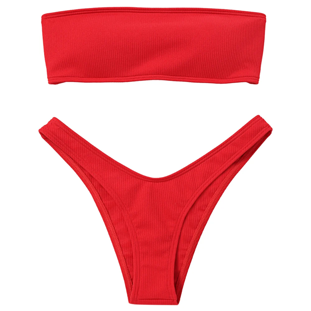 LANGSTAR Bandeau Bikini Ribbed Swimwear Women High Cut Swimsuit Sexy Strapless Lace up Padded Swimwear Thong Biquni Bathing Suit