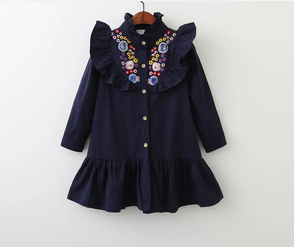 Новая осень хлопок Вышивка платья с длинным рукавом принцесса Обувь для девочек