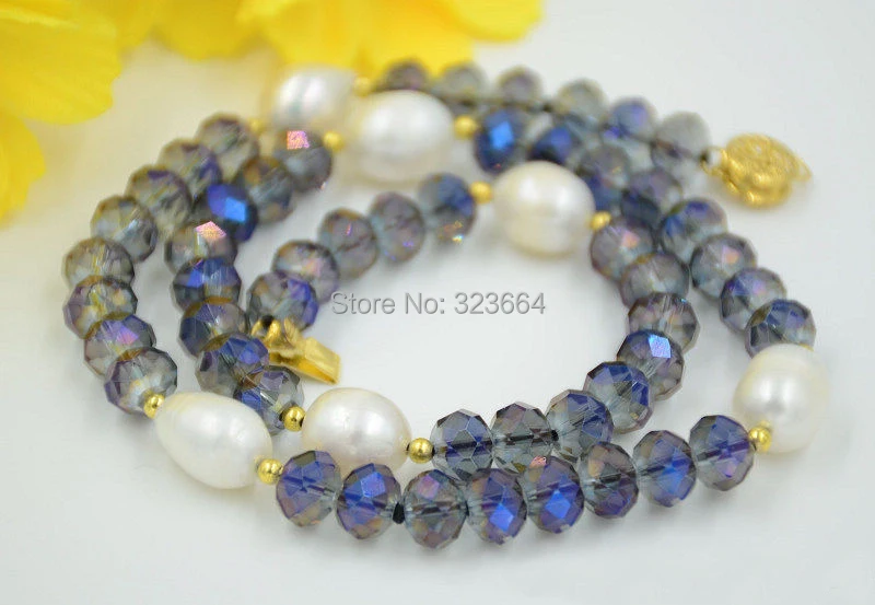 

Beautiful 8mm blue faceted crystal white rice pearl necklace 18inch
