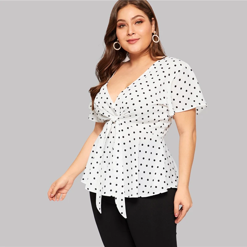Dotfashion/женская блузка в горошек с узлом спереди; сезон лето ; Boho; глубокий v-образный вырез; одежда с короткими рукавами; женские модные топы