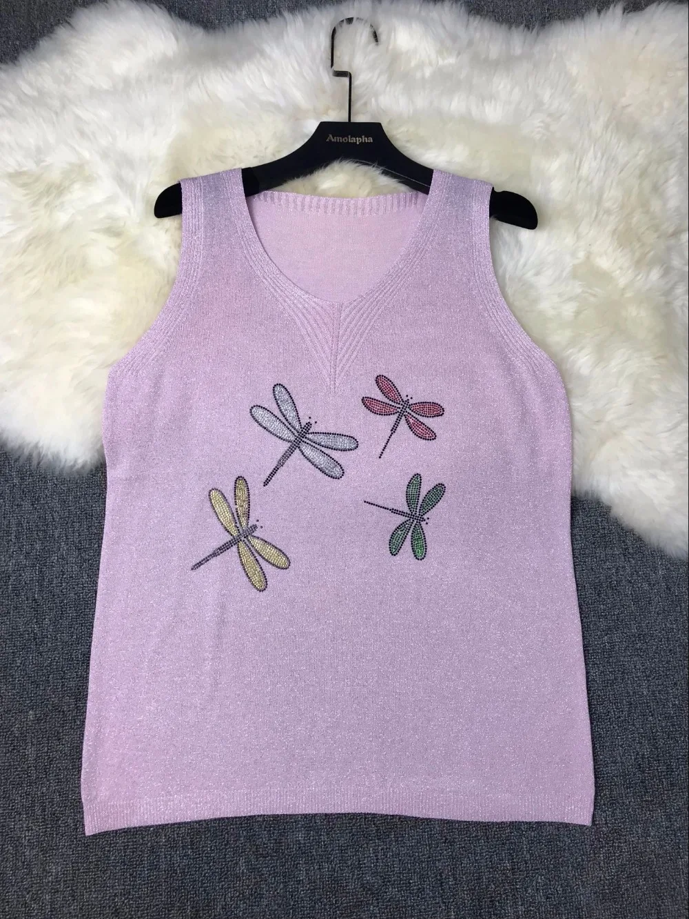 Amolapha Women Dragonfly Diamonds Knit Vest Shirts V Neck Sleeveless Summer Woman Casual T-shirt Tops | Женская одежда