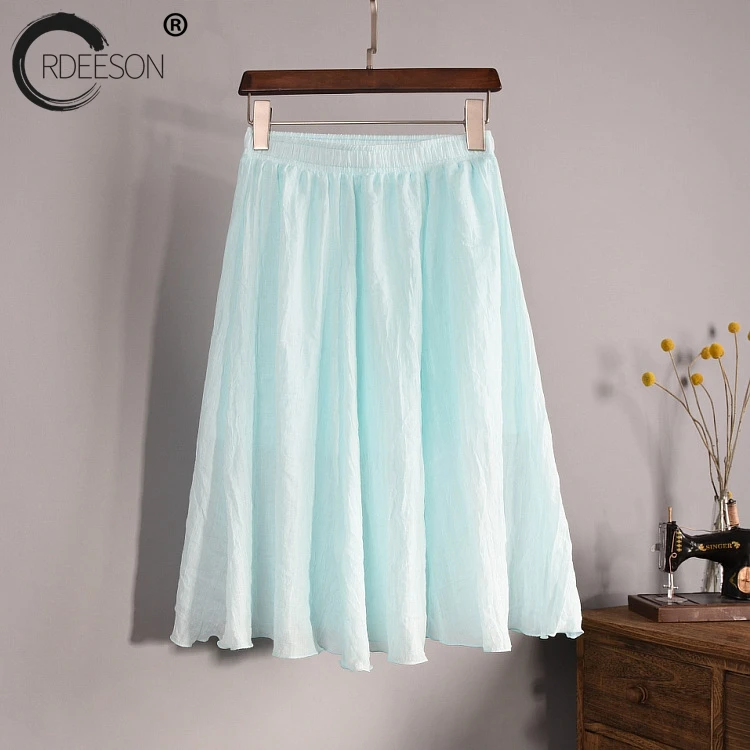 ORDEESON 60cm Linen Midi Skirt High Waist Solid Folk-custom A Line Cotton Elasticity Pleated Skirts Boho Vintage | Женская одежда