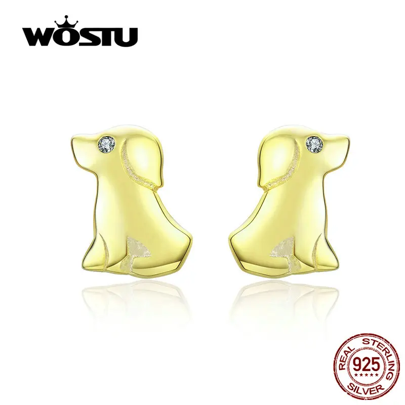 Женские серьги гвоздики в виде собаки WOSTU из серебра 925 пробы золотистого цвета