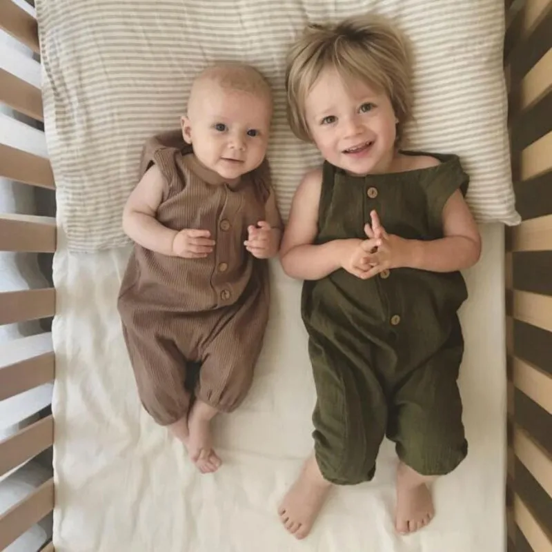 EnkeliBB Baby Boy Sleeveless Romper High Quality European Style Boy Onesie For Summer Green/Brown Kid Girls Button Romper