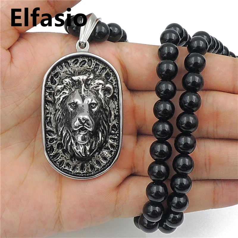 8 мм черный оникс бусины Мужские Серебряный лев Щит Кулон ожерелье из нержавеющей