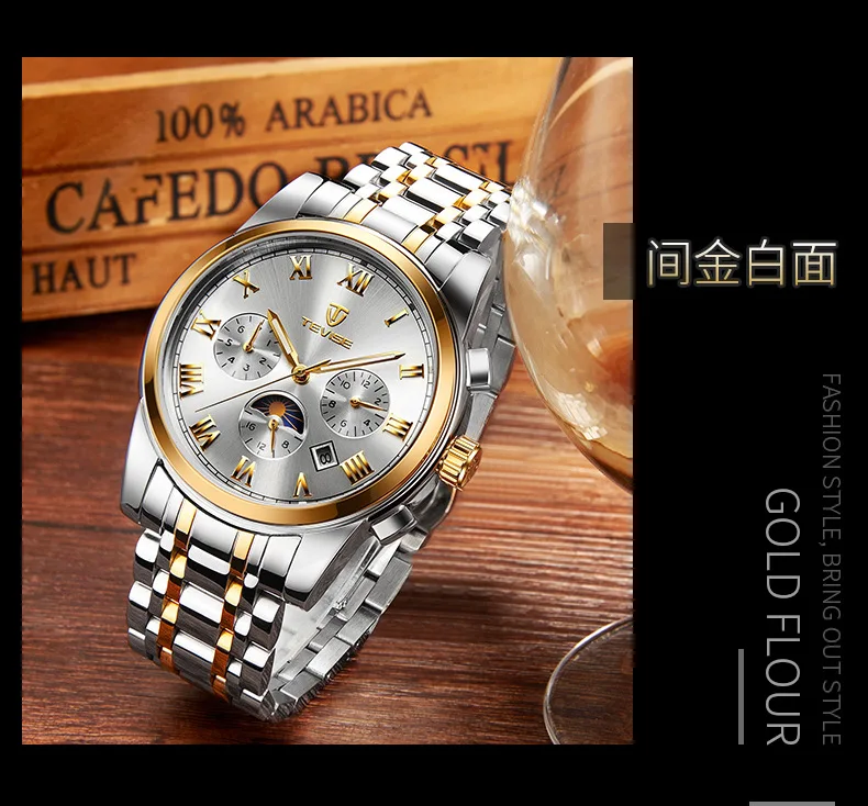 Механические часы TEVISE Skeleton Tourbillon, автоматические мужские классические механические наручные часы с золотой фазой Луны, Reloj Hombre