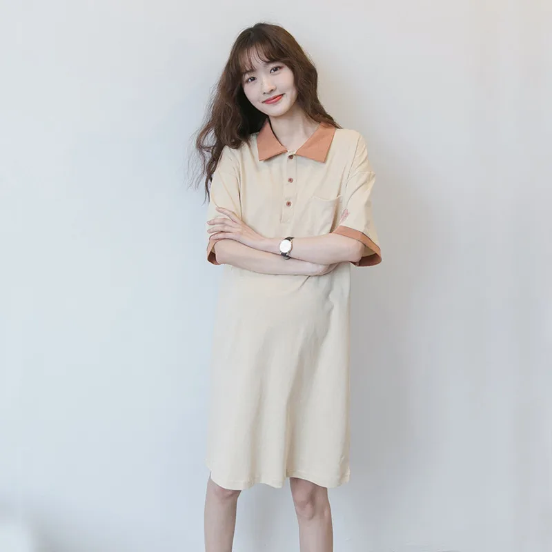 

Summer New Expectant Mother Maternity Short Sleeve Dresses Pregnancy Turn-Down Button Collar Dresse Pregnant Women Cotton Dress