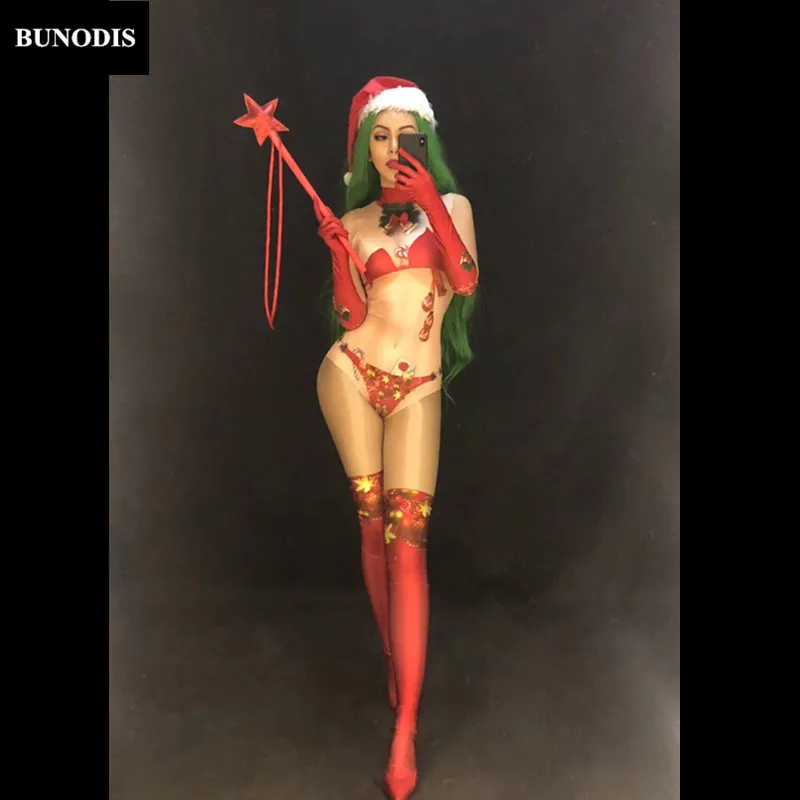 ZD403 Christmas Style (Without Cane) Women Sexy Red Bodysuit 3D Printed Jumpsuit Nightclub Party Stage Wear Dancer Singer