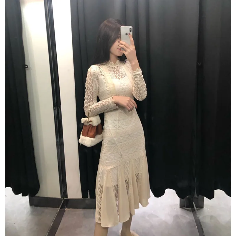 

2019 Time-limited Sale A-line Solid Full Vadim Women Dress Summer Dress Fashion Openwork Lace Two-piece Female Long Sleeve