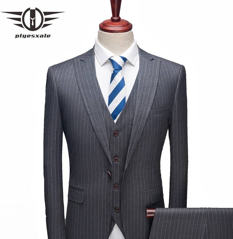 Plyesxale Бизнес раздели костюмы Для мужчин Slim Fit Для мужчин; 3 предмета Нарядные Костюмы для свадьбы черный темно-синий, серый строгий костюм Человек Q167