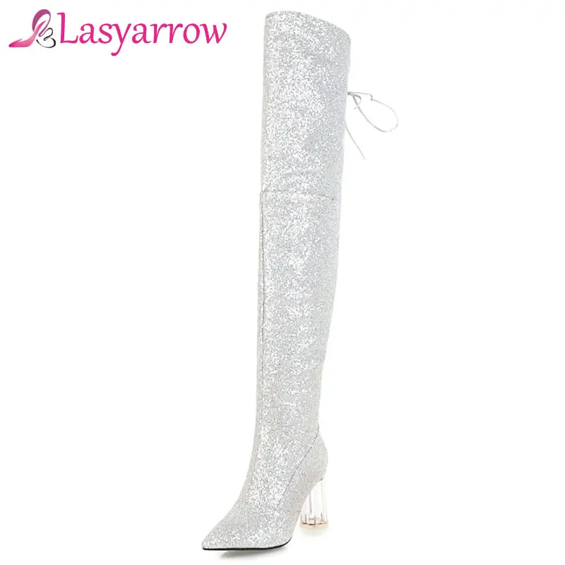 Lasyarrow Over the Knee Boots for Women Shoes Pointed Toe Lace Up High Heels Long Thigh Black Sexy Gold Silver F326 | Обувь