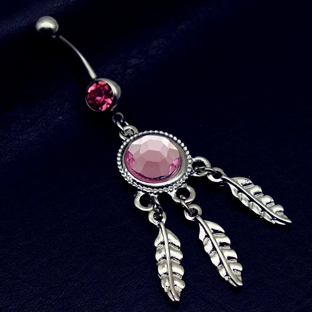 2019 new arrivals big Gemmed pink Dangling Leaves Surgical Stainless Steel luxury Barbell Navel belly button rings body jewelry | Украшения