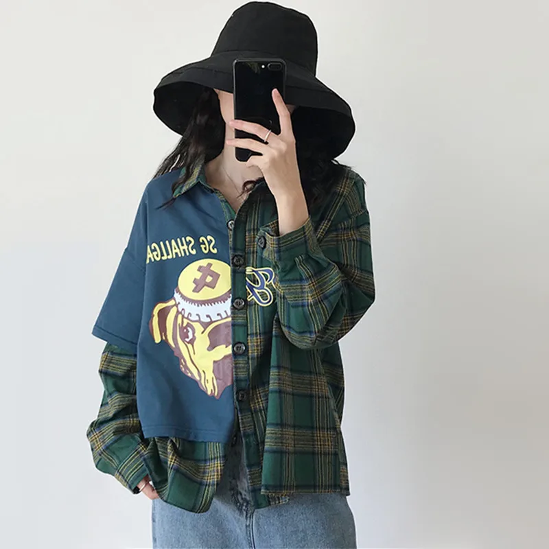 Harajuku Японская уличная одежда с мультяшным принтом Женская клетчатая рубашка
