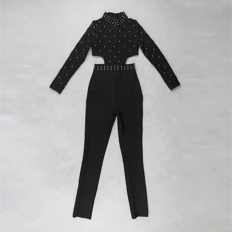 2019 с длинным рукавом Bodycon бинты комбинезон Новый Arriva Мода вырезать See Through Sexy Бисер