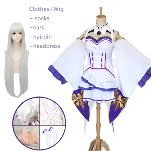 Dress and wig Платье Emilia Re Zero Костюмы для костюмированной вечеринки парик Для женщин Платье для косплея Эмилия Косплэй Костюм Аниме Косплэй вечерние Хэллоуин вечерние плащ парик - Цвет: Dress and wig