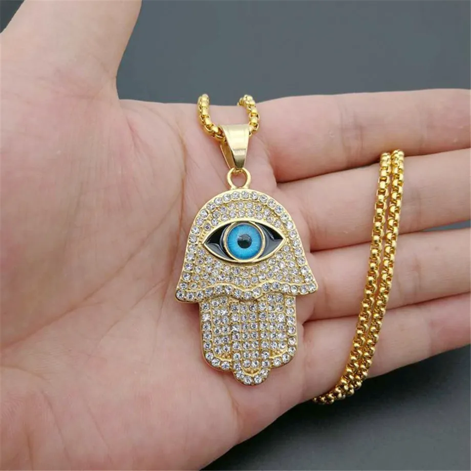 Turkish Evil Eye Hamsa Hand of Fatima Pendant Necklace Gold Stainless Steel Iced Out Pendant & Chain Hip Hop Women/Men Jewelry