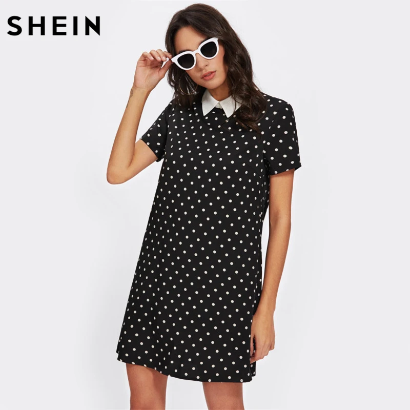 SHEIN Модное Платье С Контрастным Воротником Женское Летнее Черное Повседневное