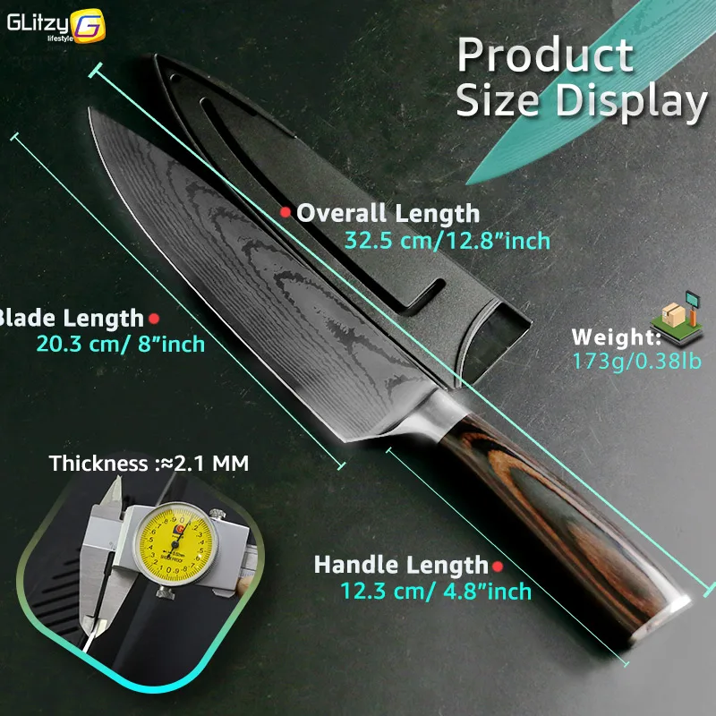 Кухонный нож 8 дюймов поварские ножи 7CR17 440C из высокоуглеродистой японской нержавеющей стали имитированный дамасский шлифовальный лазерный узор Santoku