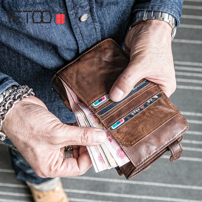 AETOO Retro Sheepskin Wallet Men's multi-card ticket clip folding vertical leather handbag can be put into the phone | Багаж и сумки