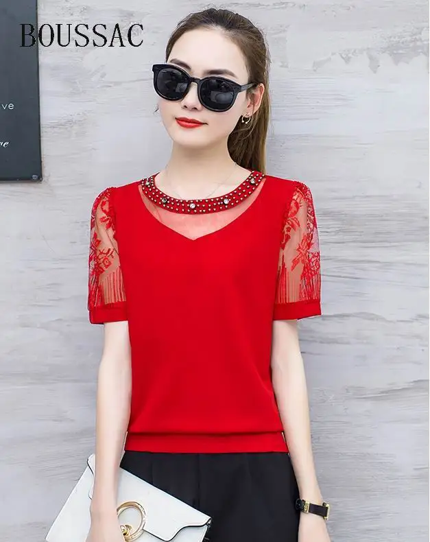 BOUSSAC Blusas Femininas 2018 летняя кружевная рубашка большие размеры топы с бриллиантами