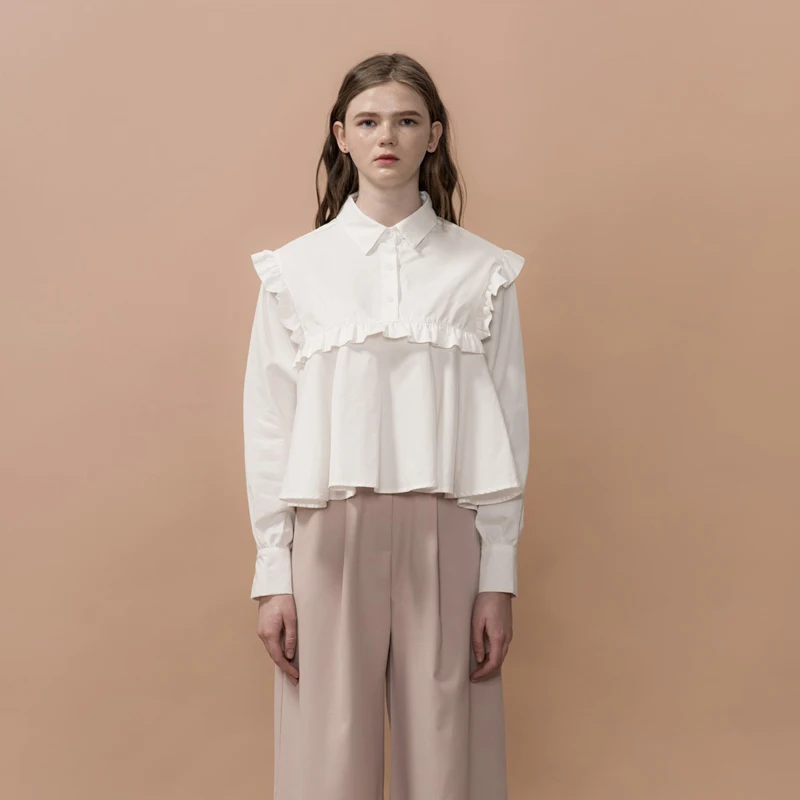 

Fashion Sweet Design Ruffled Women Short Blouse Long Sleeve Solid Color Turn Down Cute Ladies Shirt Tops Cotton Loose