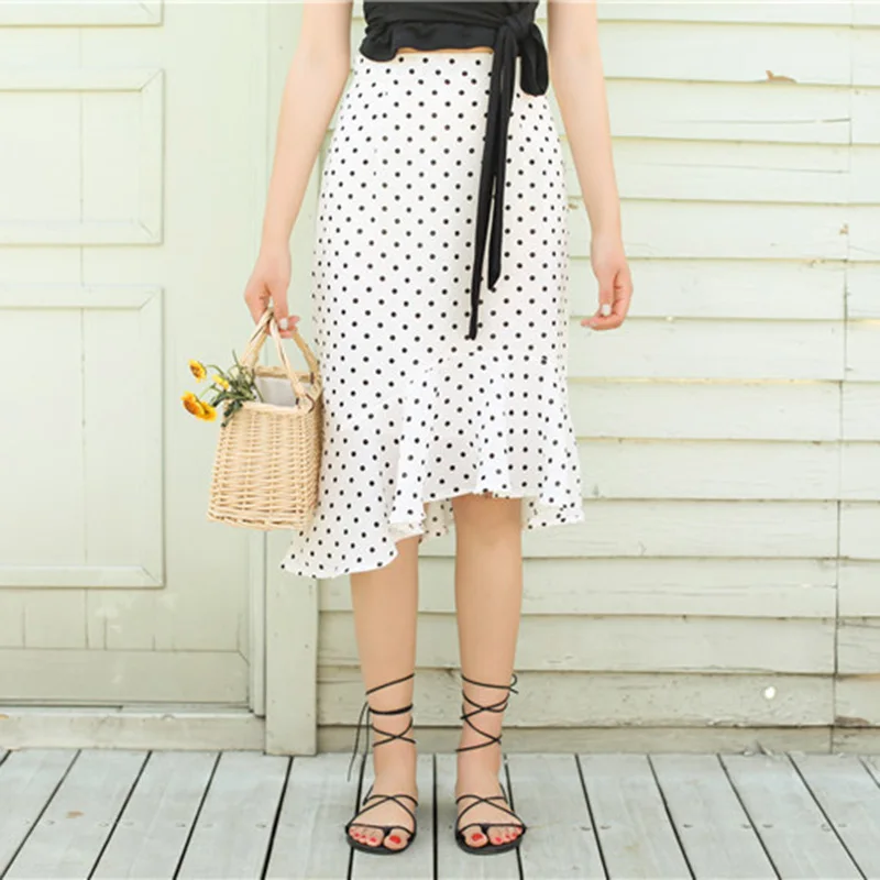 Heydress 2019 summer vintage polka dot asymmetrical ruffles trumpet mermaid ladies skirts high waist knee length women | Женская одежда