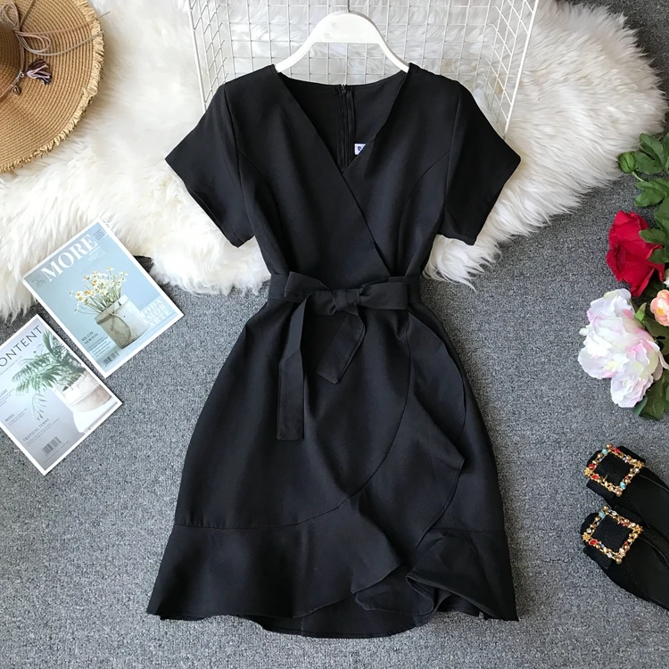 Черный ALPHALMODA женское винтажное короткое платье с неровным гофрированным поясом, женское сексуальное платье с v-образным вырезом для похудения и ягодиц - Цвет: Черный