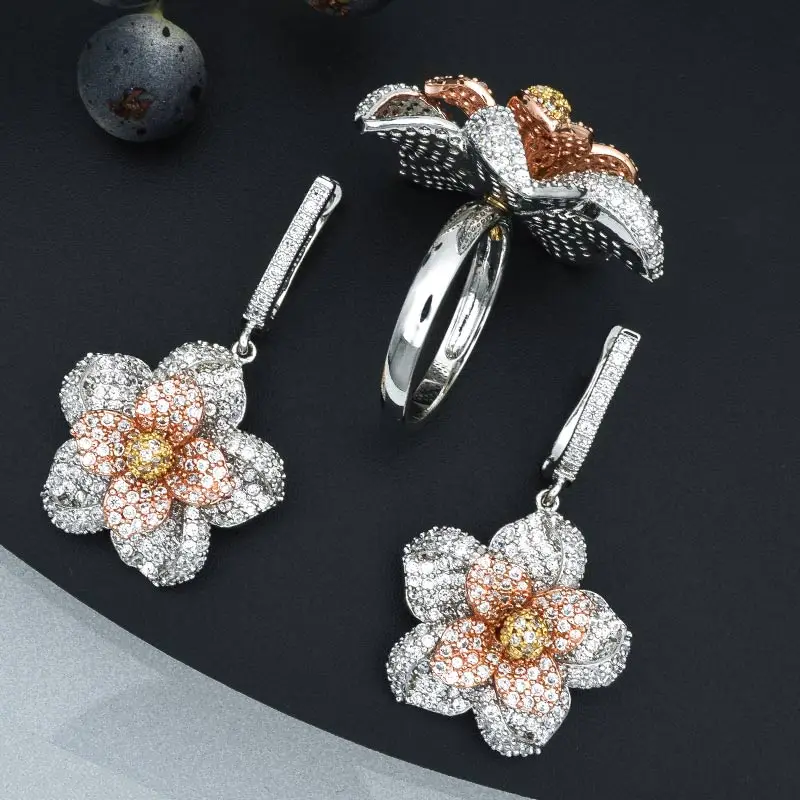 ModemAngel Three Tone Flower Earrings Ring Fashion Jewelry Sets AAA Cubic Zircon Women Wedding Party Bijoux Bijouterie Gift | Украшения и