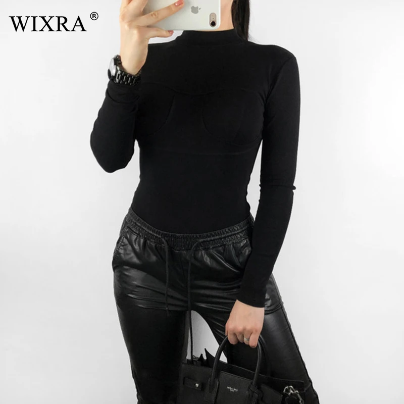 Wixra весна-осень однотонный боди с длинным рукавом водолазка облегающий подходит