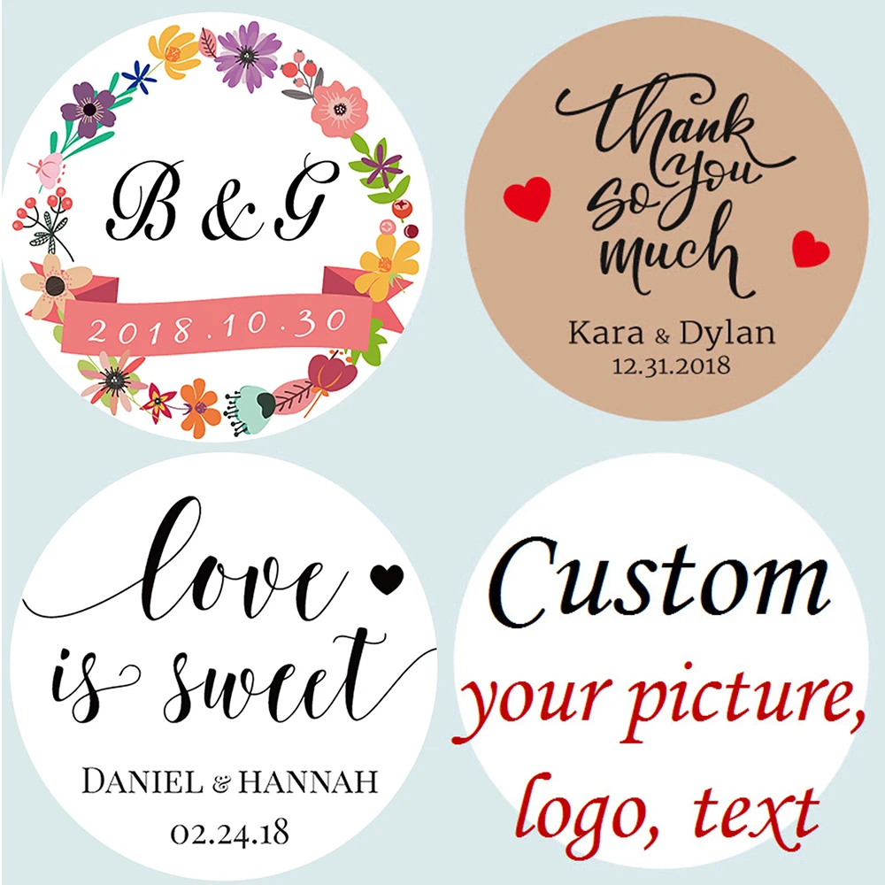 

100pcs/lot Customized Personalized Wedding Stickers, Logos, Photo, Favor Boxes Tags, Cupcake, Bottle Labels, Invitations Seals