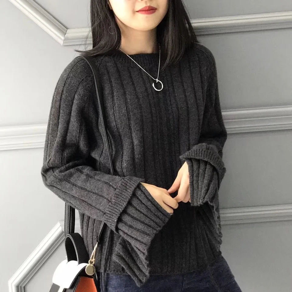 Ребристые вязаная Свитера пуловеры Для женщин вырезать Свитер с длинными