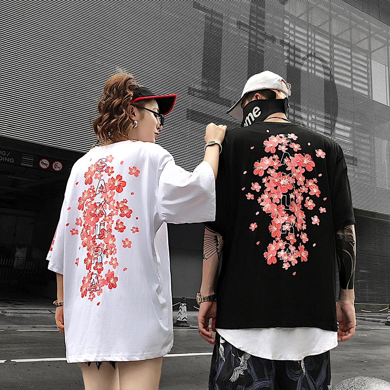Японский уличный Harajuku уличная розовая вишневая Футболка мужская модная футболка Мужская парная хлопковая футболка хип-хоп Футболка