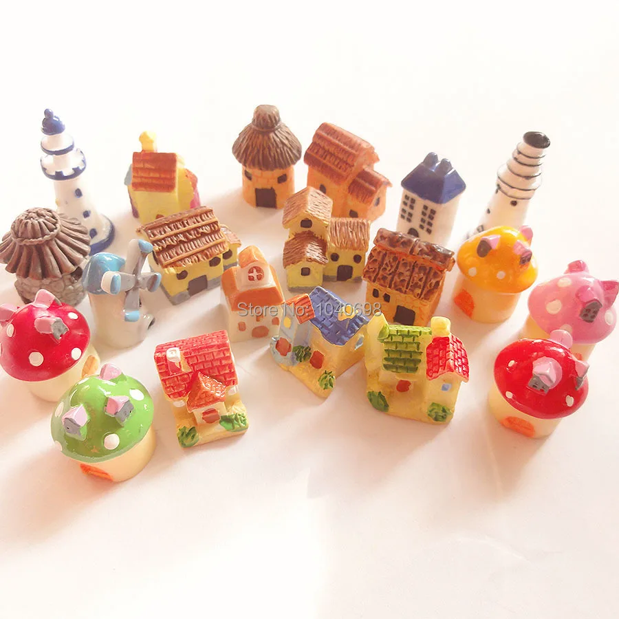 20pcs/lot new Mushroom House/thatched huts/cottage/pagoda mix dollhouse Toy Resin Christmas Children Gift Home Decoration Crafts