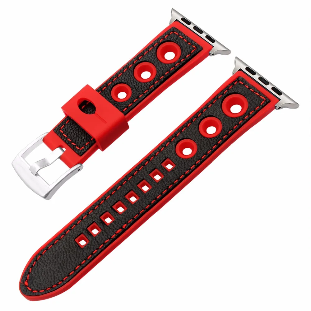 Genuine Leather &amp Silicone Watchband for iWatch Apple Watch 38mm 40mm 42mm 44mm Series 5 4 3 2 1 Rubber Band Steel Clasp Strap | Наручные