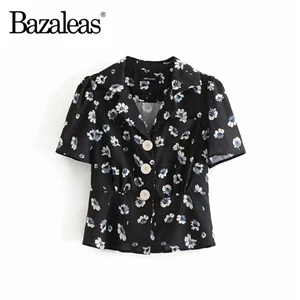 O44 navy Bazaleas элегантный красный цветочный принт женские топы и блузки Франция женская блузка Франция центр 3 пуговицы рубашки Прямая - Цвет: O44 navy