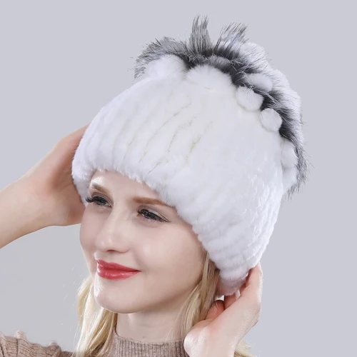 white Хороший эластичный вязаный Настоящий мех кролика шапочки шапки женские настоящие серебряные лисицы меховые шапочки шапка настоящие натуральные шапки из меха кролика рекс - Цвет: white