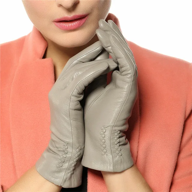 light grey Женские перчатки теплые мягкие зимние перчатки из натуральной кожи модные однотонные перчатки из овчины L013NC - Цвет: light grey