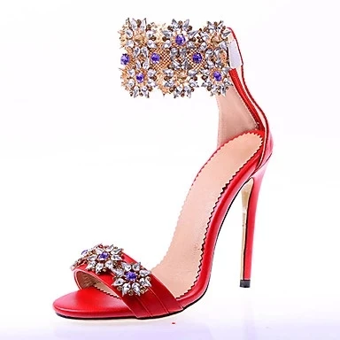 

Sandals With Rhinestones Women Red Color Hollow Out Ankle Buckle Strap Sandals Crystal Decoration High Thin Heel Party Shoes