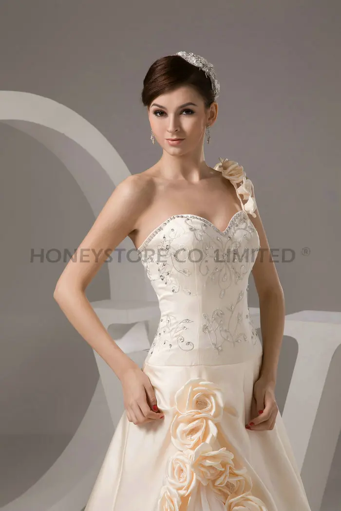 Wedding Dress Short Lace Dresses Satin Weddings A-Line Court Train Embroidery Sweetheart One Shoulder Sleeveless Dro 2015 Outlet |