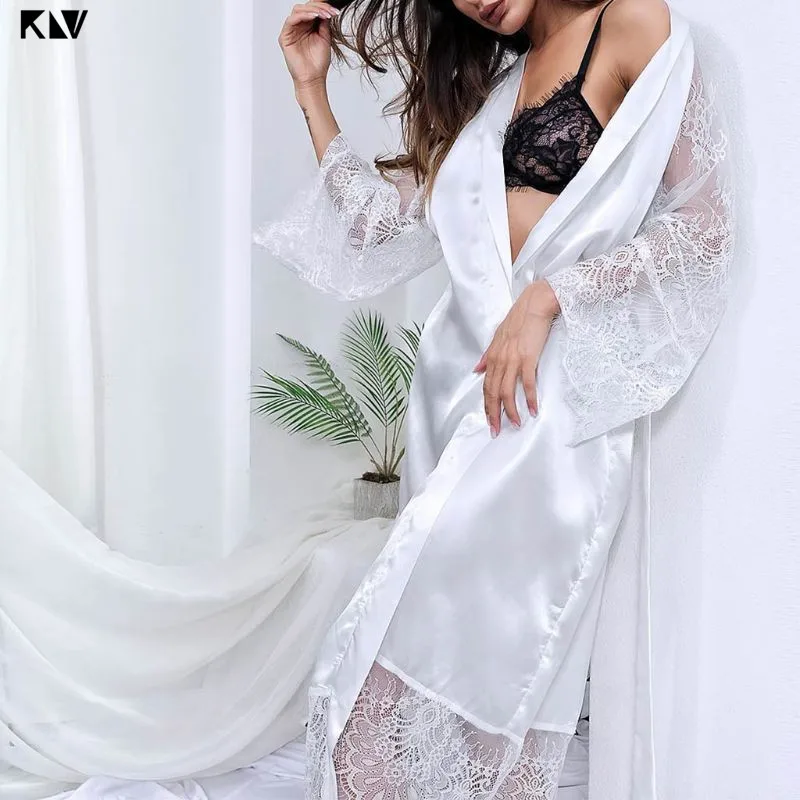 KLV однотонное шелковое нижнее белье халат для ванны Прозрачная кружевная ночная