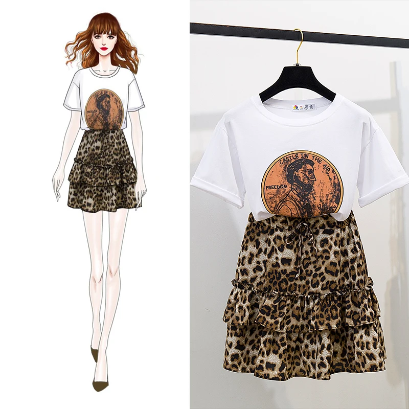 2019 summer 2 pieces sets printed cotton Tshirt tops + leopard Skirts Sets Women clothing suits tracksuit | Женская одежда