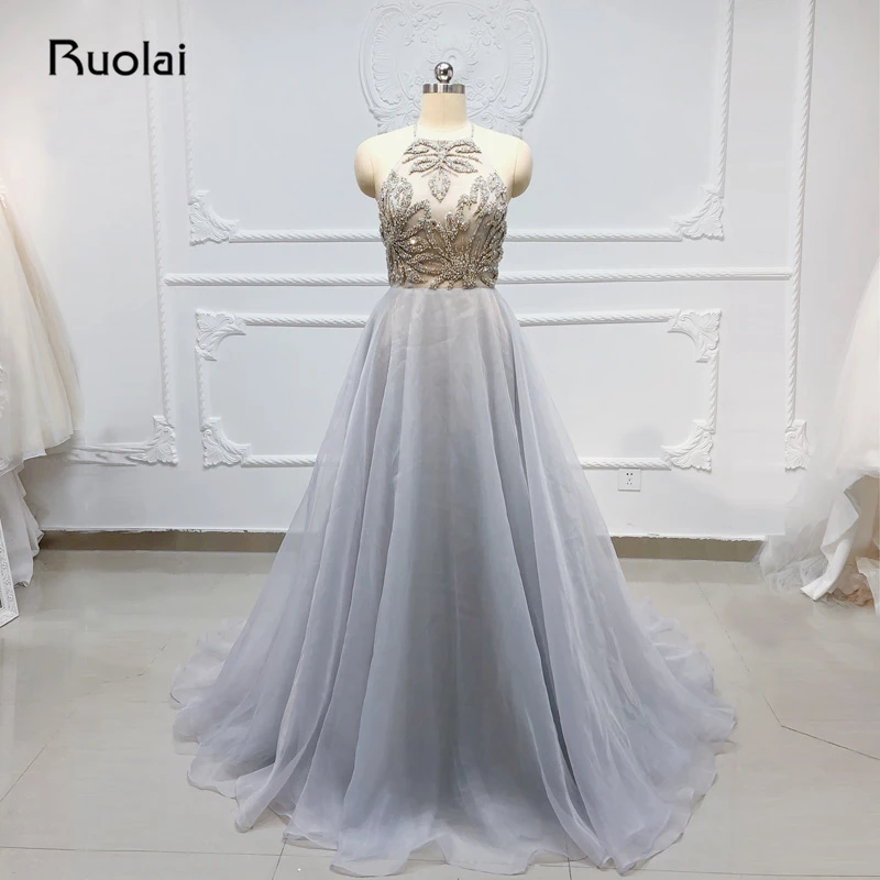 Роскошное вечернее платье 2019 Холтер тяжелый кристалл из бисера блестящее для