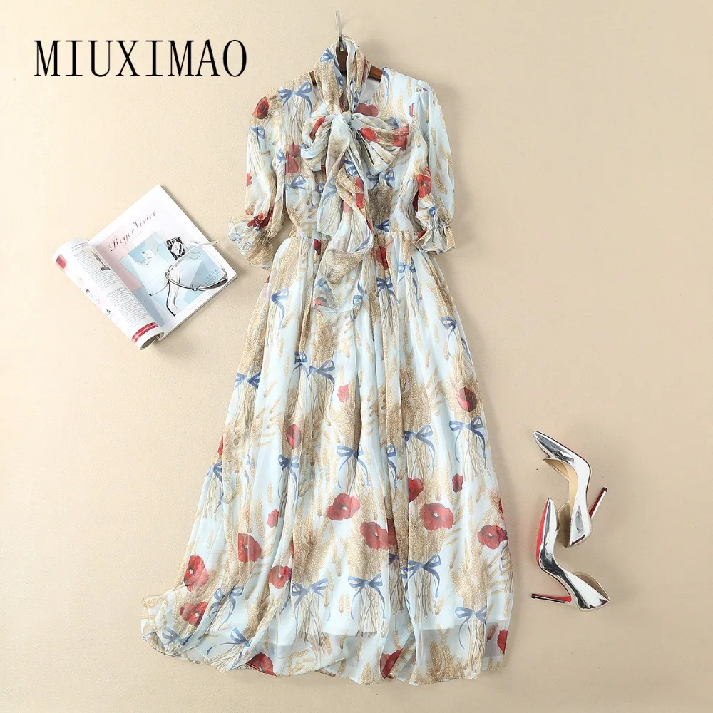 

2018 High Quality Spring Latest New Arrival Casual Style O-Neck Half Sleeve Flower Print Elegant Floor-Length Long Dress Women
