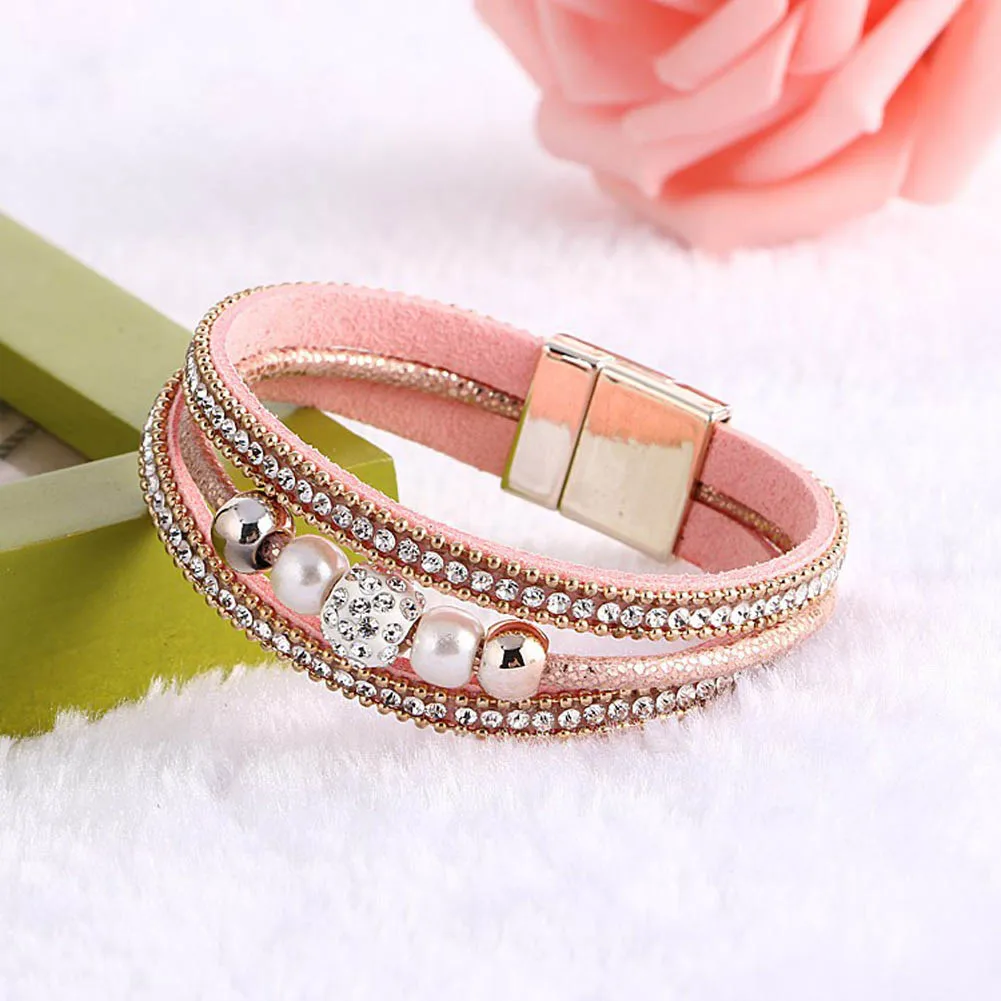 pink Новые модные плетеные стили магнитная кожа браслеты для женщин кисточки ручной работы кулон женские ювелирные изделия - Окраска металла: pink
