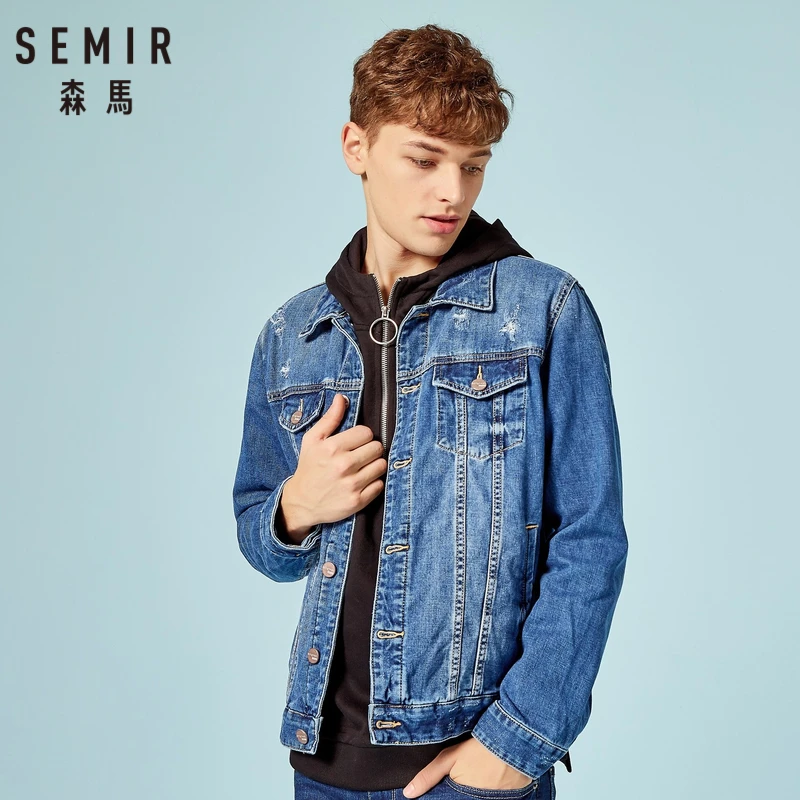 SEMIR Мужская джинсовая куртка из 100% хлопка с разрушением промытая воротником