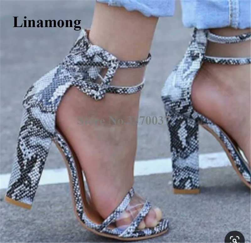 

New Design Women Fashion Open Toe Snake Leather Patchwork Clear PVC Chunky Heel Sandals Ankle Strap Buckle High Heel Sandals